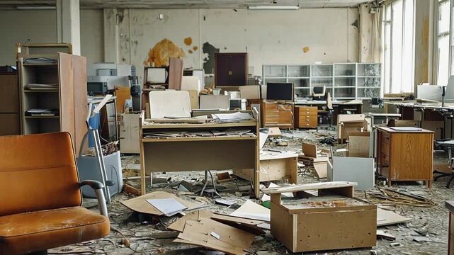 A ruined office is a symbol of crisis, accident or natural disaster.