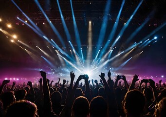 Silhouette of concert crowd with vibrant stage lights