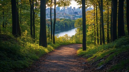 Fototapeta premium Forest Path Leading to Urban City Skyline