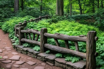 Wooden Fence and Stone Pathway in a Lush Forest