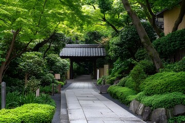 Stone Pathway Through Lush Green Japanese Garden
