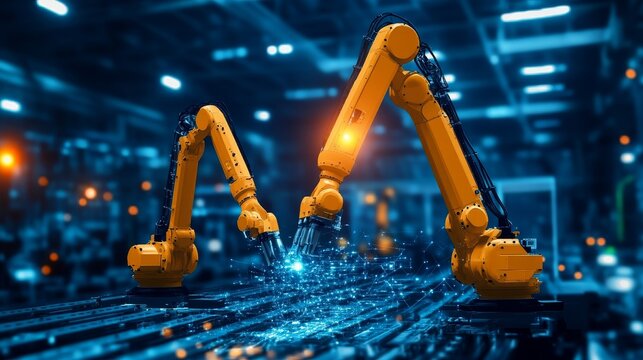 Robot graphic design, overlooking intelligent manufacturing, using a three color color scheme to showcase advanced industrial automation and technological concepts.