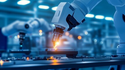 Robot graphic design, overlooking intelligent manufacturing, using a three color color scheme to showcase advanced industrial automation and technological concepts.