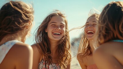 Fototapeta premium Group of young women on a beach, laughing and enjoying the sun.