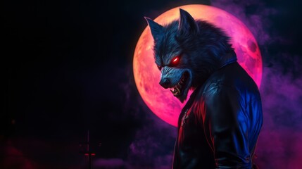 Fierce werewolf growling under a full pink moon, dark and ominous atmosphere, detailed and vibrant digital illustration, perfect for fantasy and horror themes. Generative AI