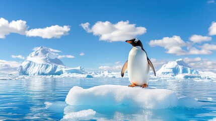 Obraz premium A solitary penguin stands proudly on a floating iceberg in a stunning Antarctic landscape with clear blue water and fluffy clouds.