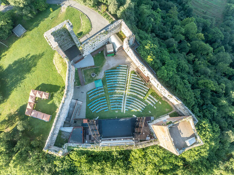 Aerial view of Romeo and Juliet castles in Montecchio Maggiore, rare pair of mountain fortifications in Italy with square towers functioning  theater 