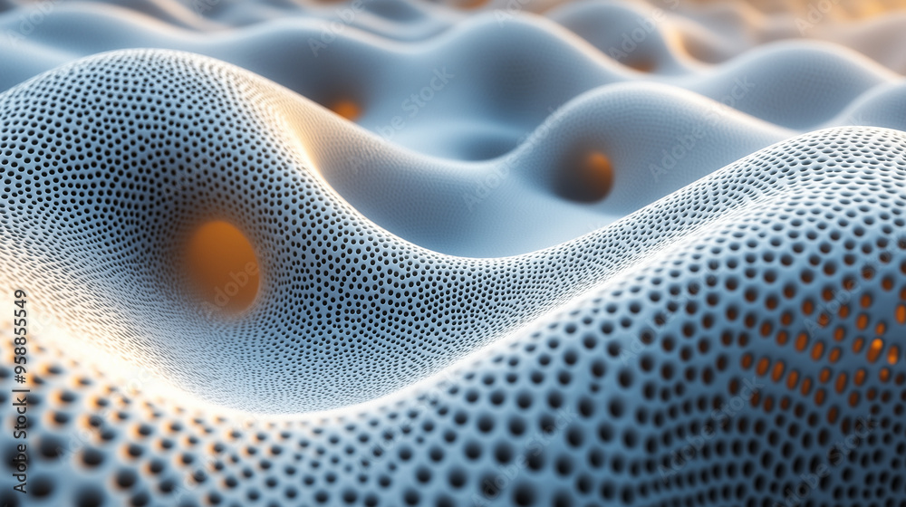 Poster abstract texture resembling soft waves flows across a surface with light reflections in a blue and o