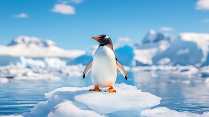 Obraz premium A solitary penguin stands proudly on a floating iceberg in the serene, icy landscape of Antarctica, showcasing nature's beauty.