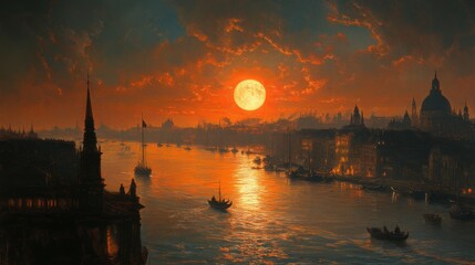 Cityscape Sunset Over River with Boats