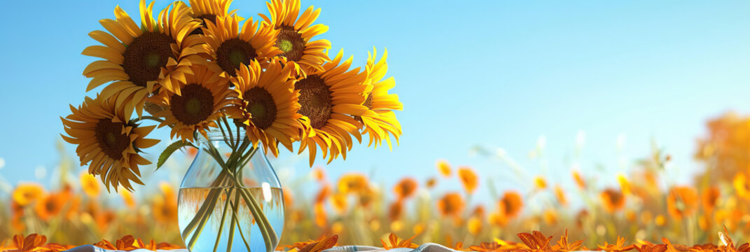 In the Land of Sunshine: A vase of golden sunflowers, sitting on a picnic blanket under a clear blue sky. - Powered by Adobe