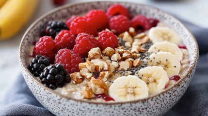 A bowl of overnight oats topped with fresh berries, sliced bananas, and a sprinkle of nuts, perfect for a quick breakfast.