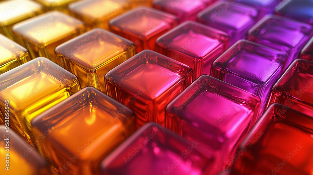 Poster colorful transparent cubes arranged in a vibrant pattern, creating a striking visual display in soft