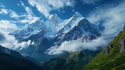 Obraz premium Majestic time-lapse of the Himalayas with snow-covered peaks glowing in sunlight white clouds moving slowly across the sky and green vegetation at the foot of the mountains