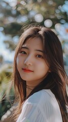 Naklejka premium Young Asian Woman with Long Brown Hair Looking at Camera Outdoors