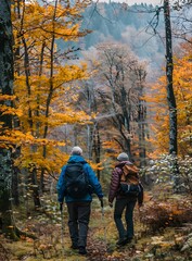 Fototapeta premium Two Hikers Walking Through Fall Foliage