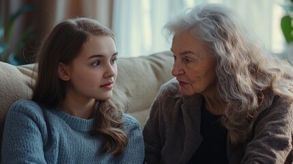 Naklejka premium Old and young women sitting together, sharing stories.