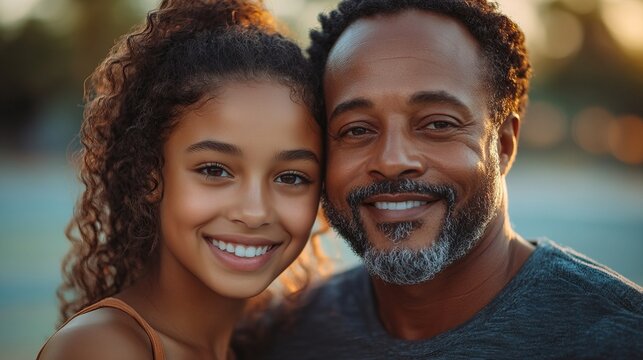 happy father and teen daughter sitting embracing and looking at camera outside at basketball court
