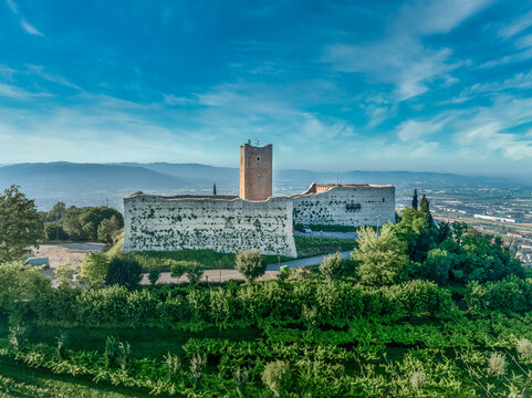 Aerial view of Romeo and Juliet castles in Montecchio Maggiore, rare pair of mountain fortifications in Italy with square towers functioning  theater 