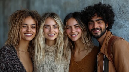 Fototapeta premium happy friends posing together in city standing in front of concrete wall and looking at camera
