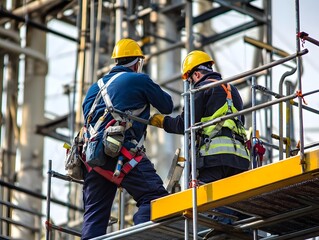 Construction Workers on Scaffolding  Industrial Safety Gear  Hard Hat  Safety Harness  High Rise Construction  Workers on Platform  Industrial Site   