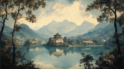 Fototapeta premium Traditional Oriental Landscape Painting