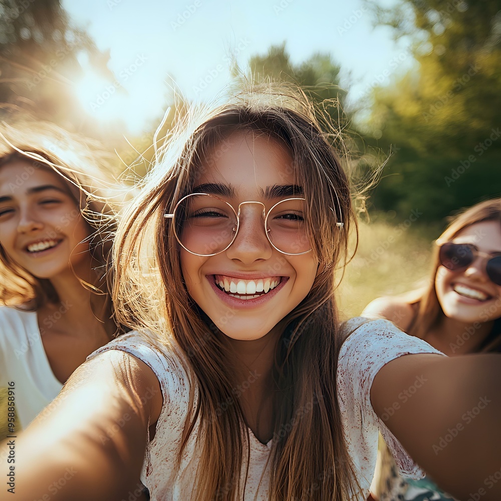 Wall mural smiling girls taking selfie together in nature