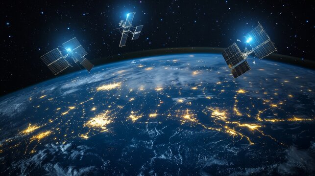 Earth at night from space with satellites.