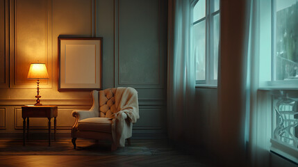 Fototapeta premium Elegant Reading Nook with Warm Lamp Light and Empty Frame