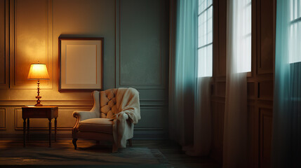 Fototapeta premium Elegant Reading Nook with Warm Lamp Light and Empty Frame