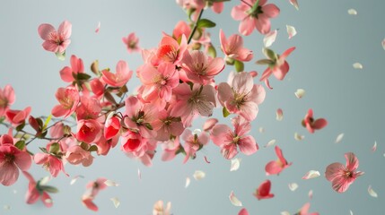 Delicate pink flowers and petals falling against a soft gray background.