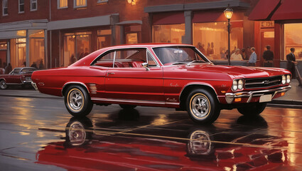 Obraz premium picture of a red muscle car parked on a city street at night.