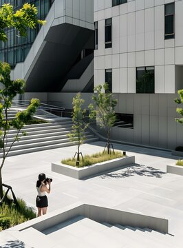 Modern Building with Outdoor Stairs and a Woman Taking Photos
