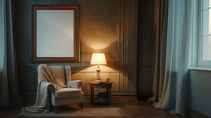 Sophisticated Living Room with Warm Light and Cozy Armchair