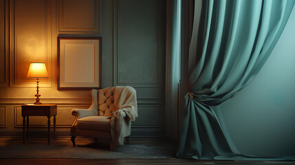 Sophisticated Living Room with Warm Light and Cozy Armchair