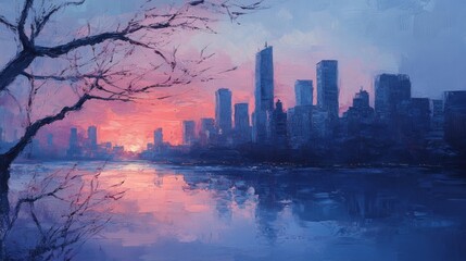 Sunset over City Skyline Reflected in Water