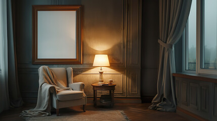 Sophisticated Living Room with Warm Light and Cozy Armchair