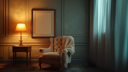 Sophisticated Living Room with Warm Light and Cozy Armchair