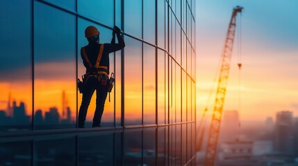 Worker silhouette installing windows on a skyscraper, double exposure of cranes and city architecture in an industrial setting