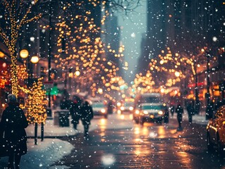 City Lights Glimmer in Winter Wonderland: A snowy city street aglow with festive Christmas lights, capturing the magic and warmth of the holiday season. 