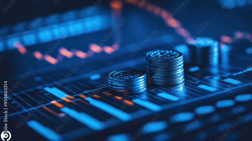 Canvas Prints A blue digital background with coins and bar graphs, representing a stock market or financial growth 