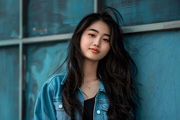Fototapeta premium Young Asian Woman Posing With Denim Jacket Against Blue Background