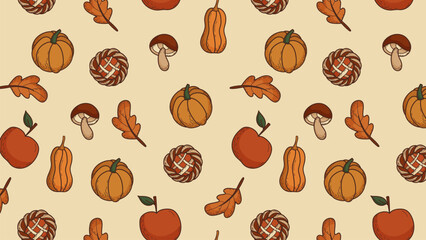 Autumn seamless pattern with pumpkins, apples, mushrooms and leaves in warm colors.
