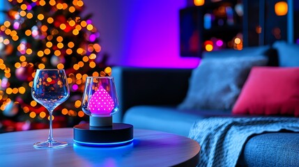 Cozy living room with colorful lights, decorated Christmas tree, and elegant drink glasses on a stylish coffee table.