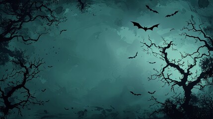 Silhouette of Bare Trees and Bats Against a Dark Teal Sky