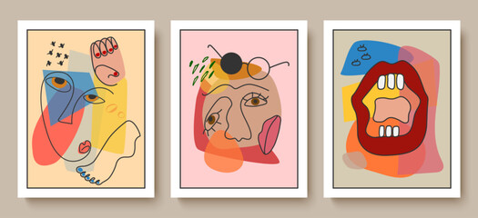 Fototapeta premium A set of abstract facial people with a colorful decorative line vector illustration