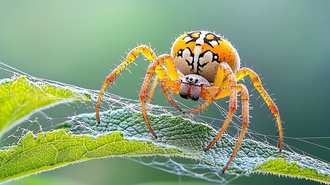 A vibrant yellow spider perched on a web, showcasing its intricate design and the beauty of nature in close-up detail.