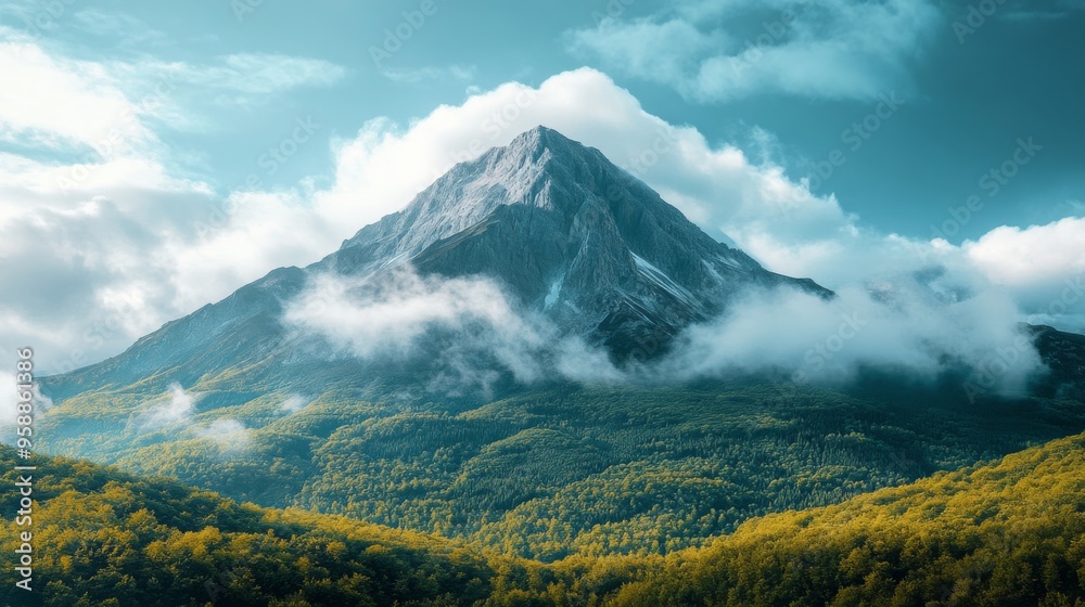 Wall mural Majestic Mountain Peak Surrounded by Forest and Clouds