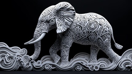 Obraz premium Intricate sculpture of an elephant, beautifully designed with ornate patterns, showcasing artistry and elegance against a dark backdrop.