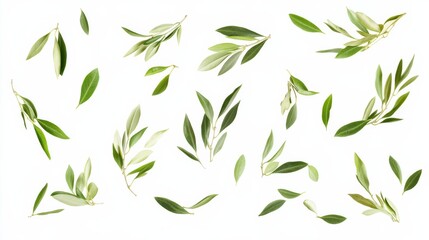Green Olive Leaves Scattered on White Background.